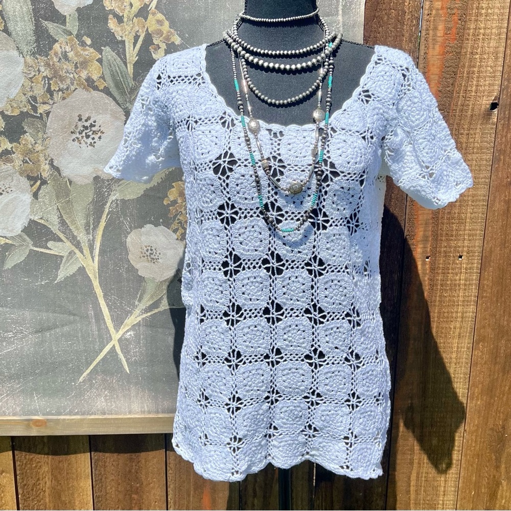 DG Donna Gray White Granny Square Crochet Blouse Sz L 100%‎ Cotton Coastal Boho
